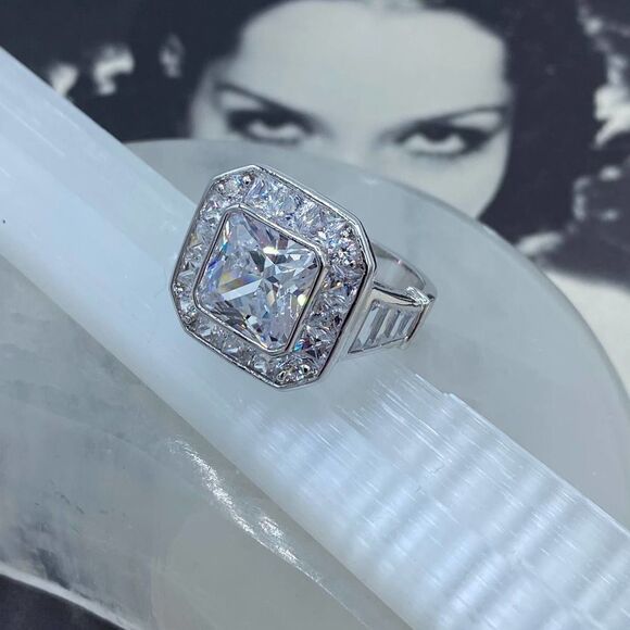 Clear CZ Statement Ring – Rhodium Brass Setting, Sizes 5 & 9 - Picture 1 of 7